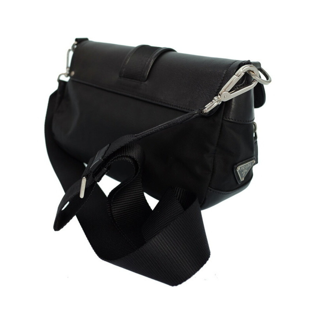 Prada Tessuto Bag Double Leather Shoulder Flap Buckle Pocket Black